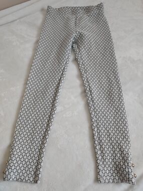 Girls Size 8 Jacquard Geo Button Cuff Stretch Pants Leggings White & Black Gold